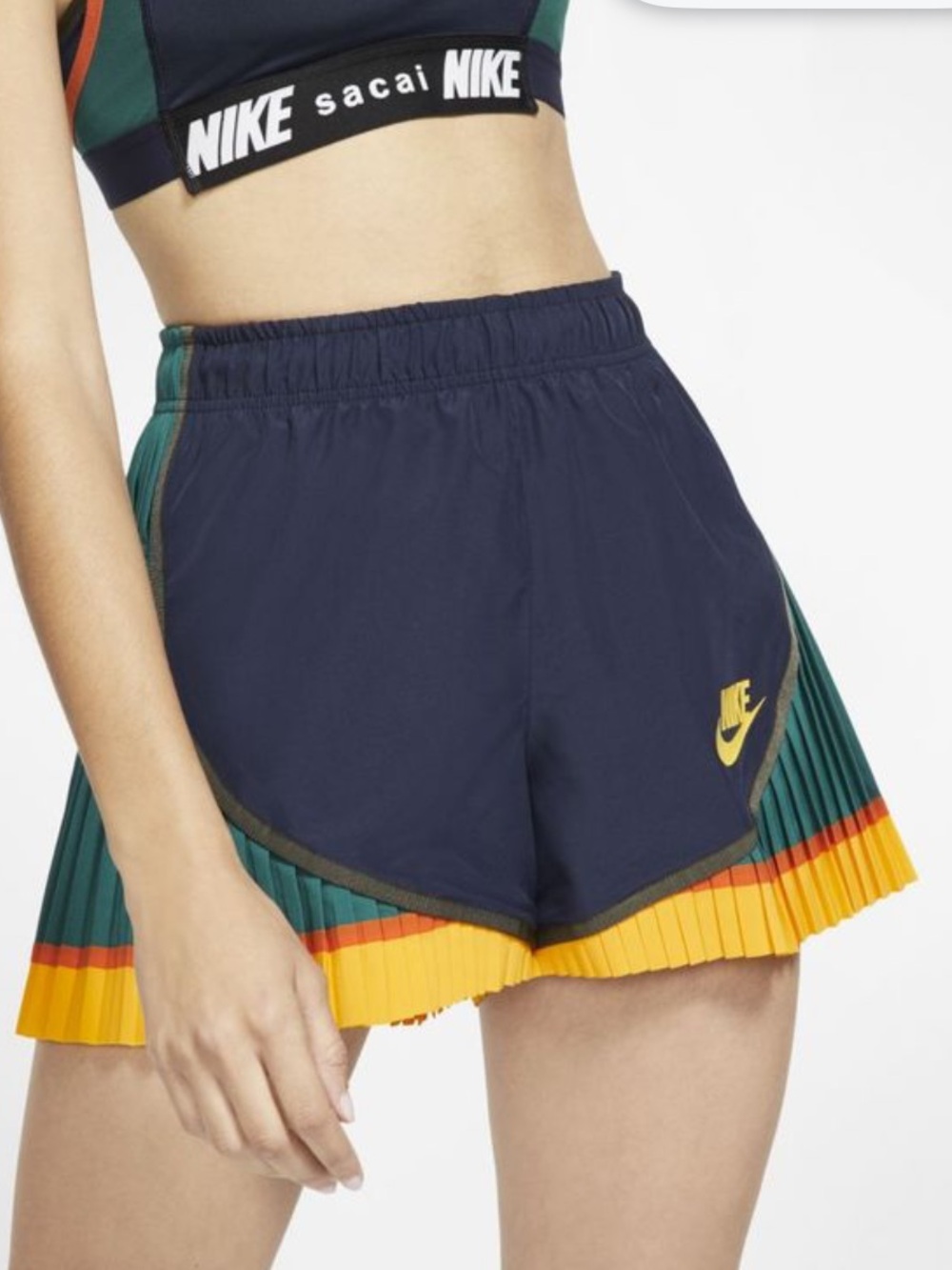 Nike Sacai Tempo shorts Women's Navy, Green Yellow Pleated Athletic collab S